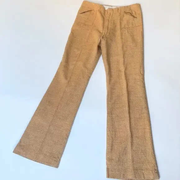 Vintage HIS For Her Linen Blend Flare Pants Straw Tan Mid Rise 70s Style 4 Est - Picture 3 of 10